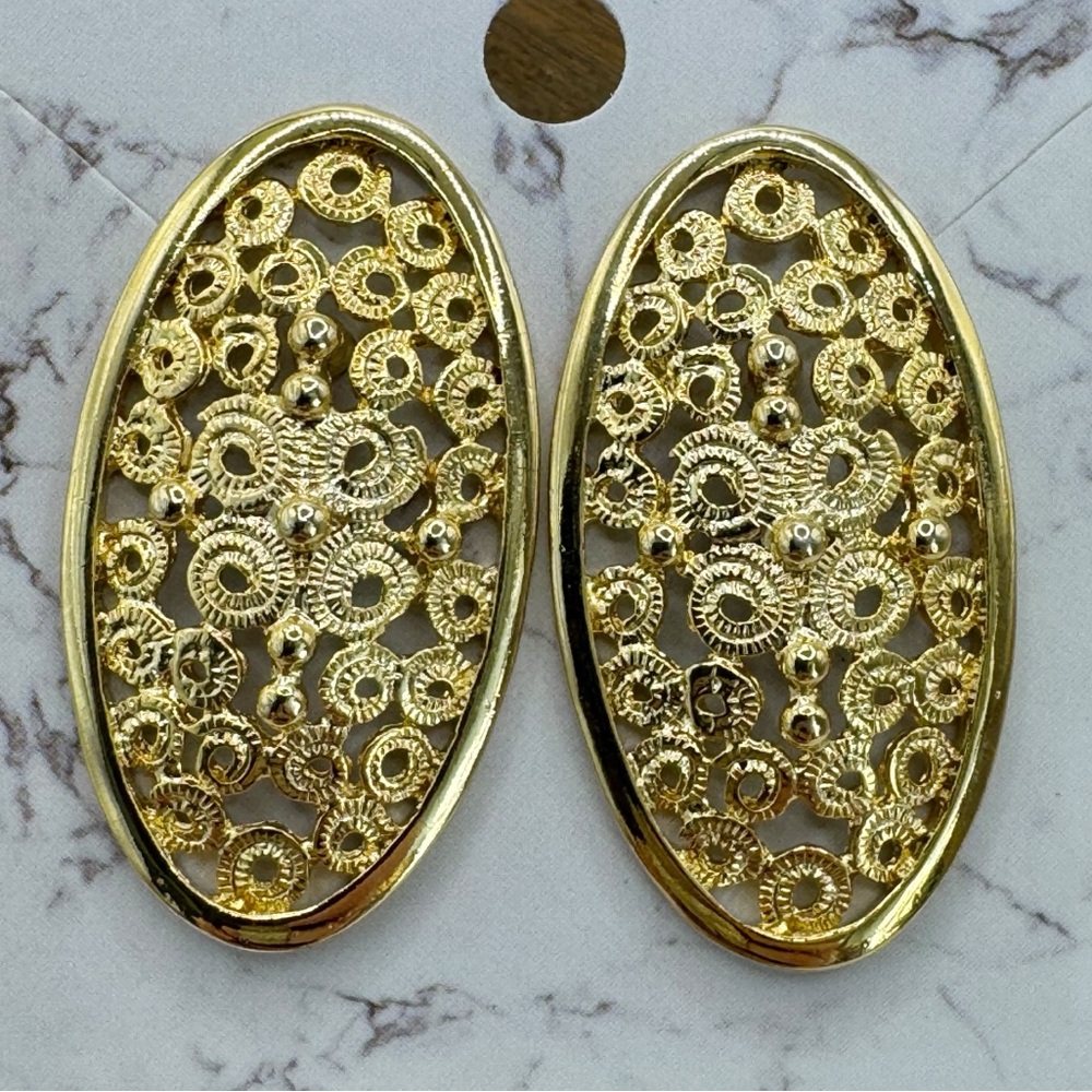 Vintage gold tone Etruscan style large textured oval stud earrings